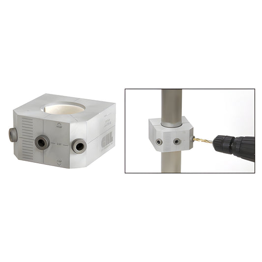 CRL P7 Post Drill Jig (P7J1G), silver square post-mounted drill guide with 5/16 guide holes, shown on a post with drill.