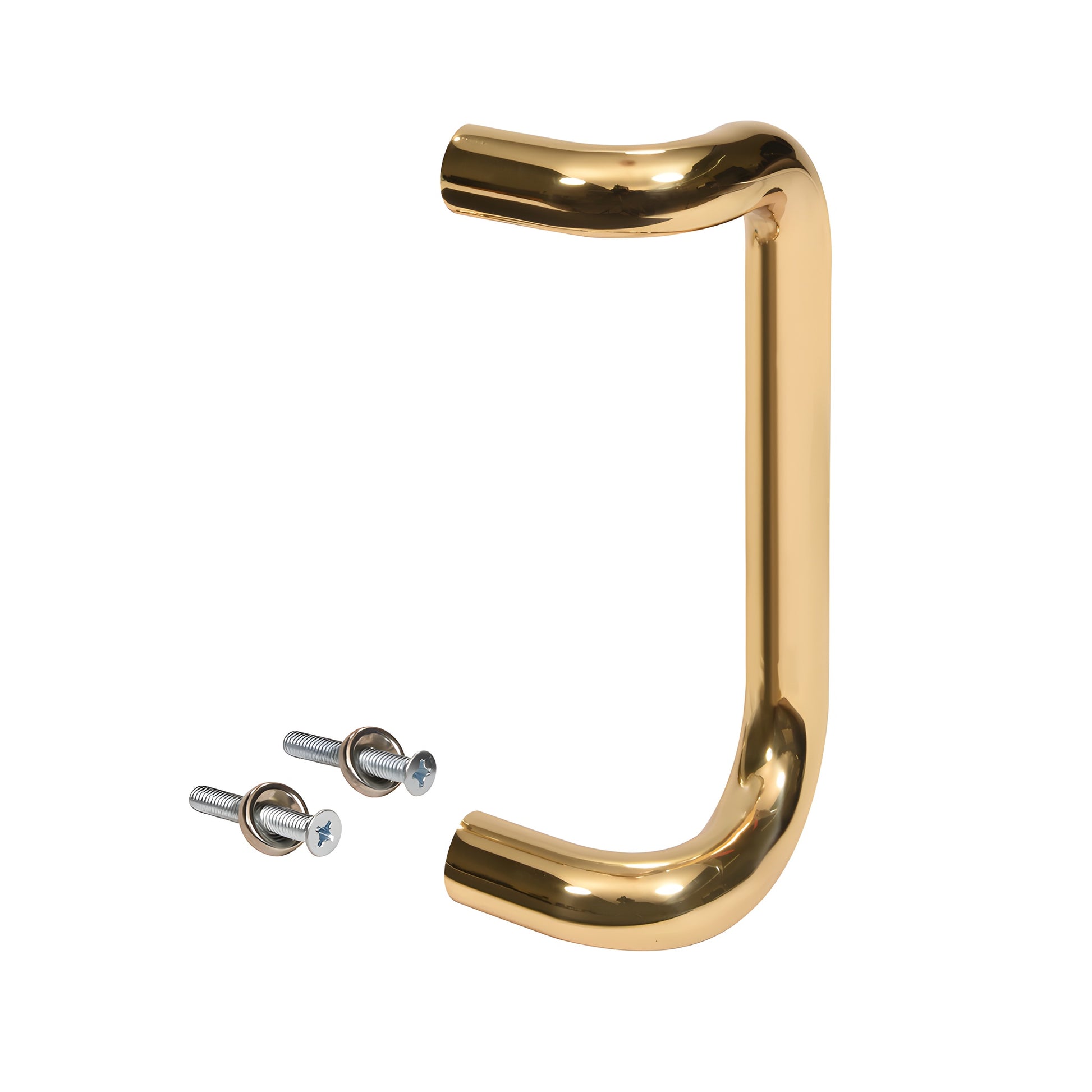 Polished brass single-sided offset door pull handle 1 in dia, 8 in C-C (SKU M17483) with thru-bolts
