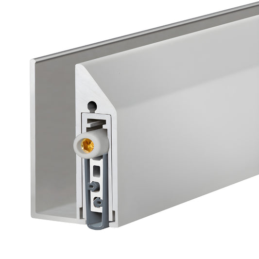 Satin anodized Fallbrook drop-down door seal (FBC12DSSA), adjustable 1/2in. glazing, reversible, U-channel built-in