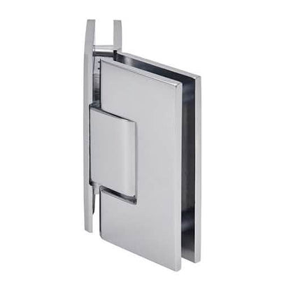 Close-up of CRL Vienna 045 Series 135° Glass-to-Glass Hinge in Polished Chrome Finish