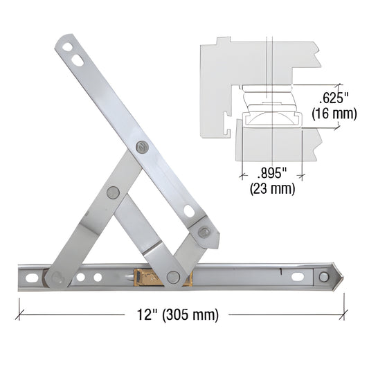 CRL stainless steel 4-bar window hinge 12 in (305 mm), non-handed, supports up to 67 lbs - SKU 430212