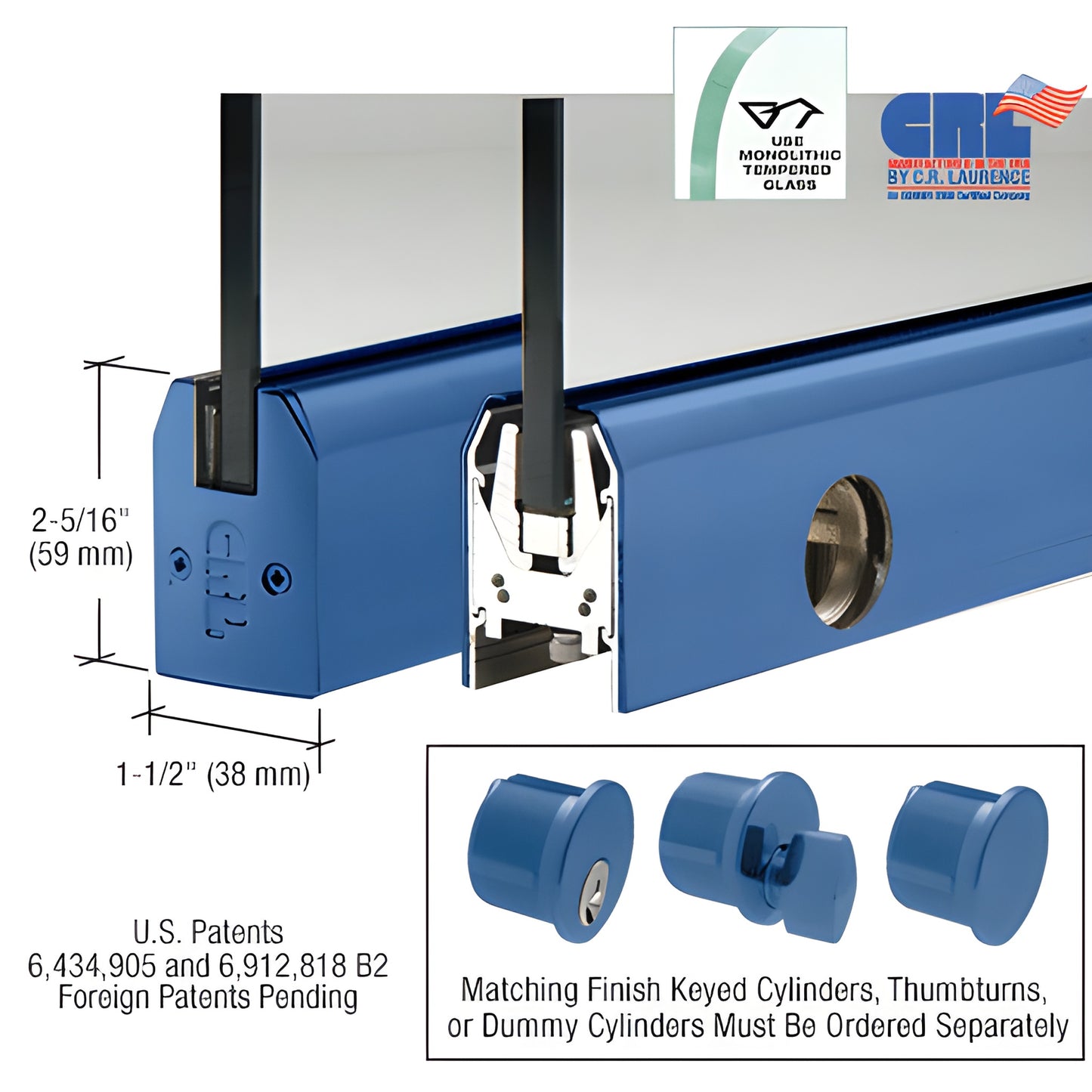 Blue powder-coated low-profile aluminum door rail for 1/2" (12 mm) glass, 2-5/16" tall, tapered, includes lock (DR2TPT12CL)