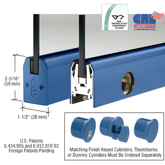 Blue powder-coated low-profile aluminum door rail for 1/2" (12 mm) glass, 2-5/16" tall, tapered, includes lock (DR2TPT12CL)