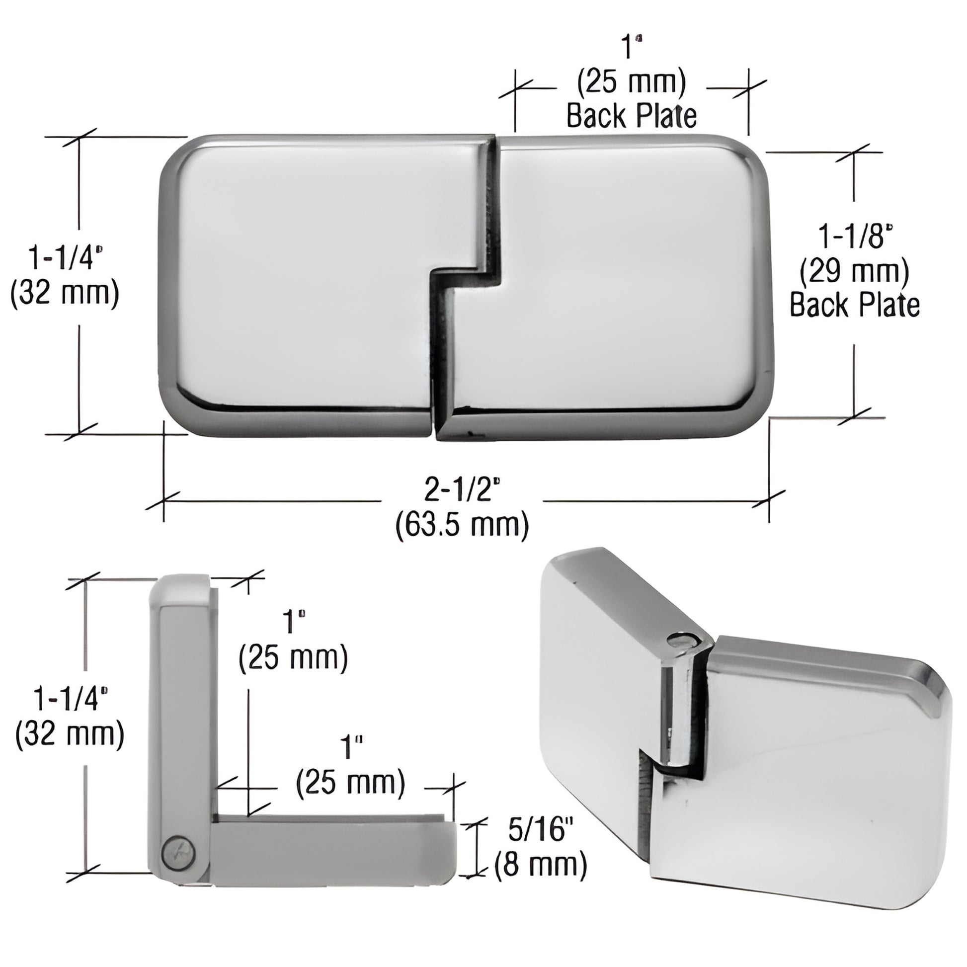 UVHG3BN brushed nickel glass hinge for 1/4" (6mm) glass, brass, 2-1/2" wide, 22 lb capacity
