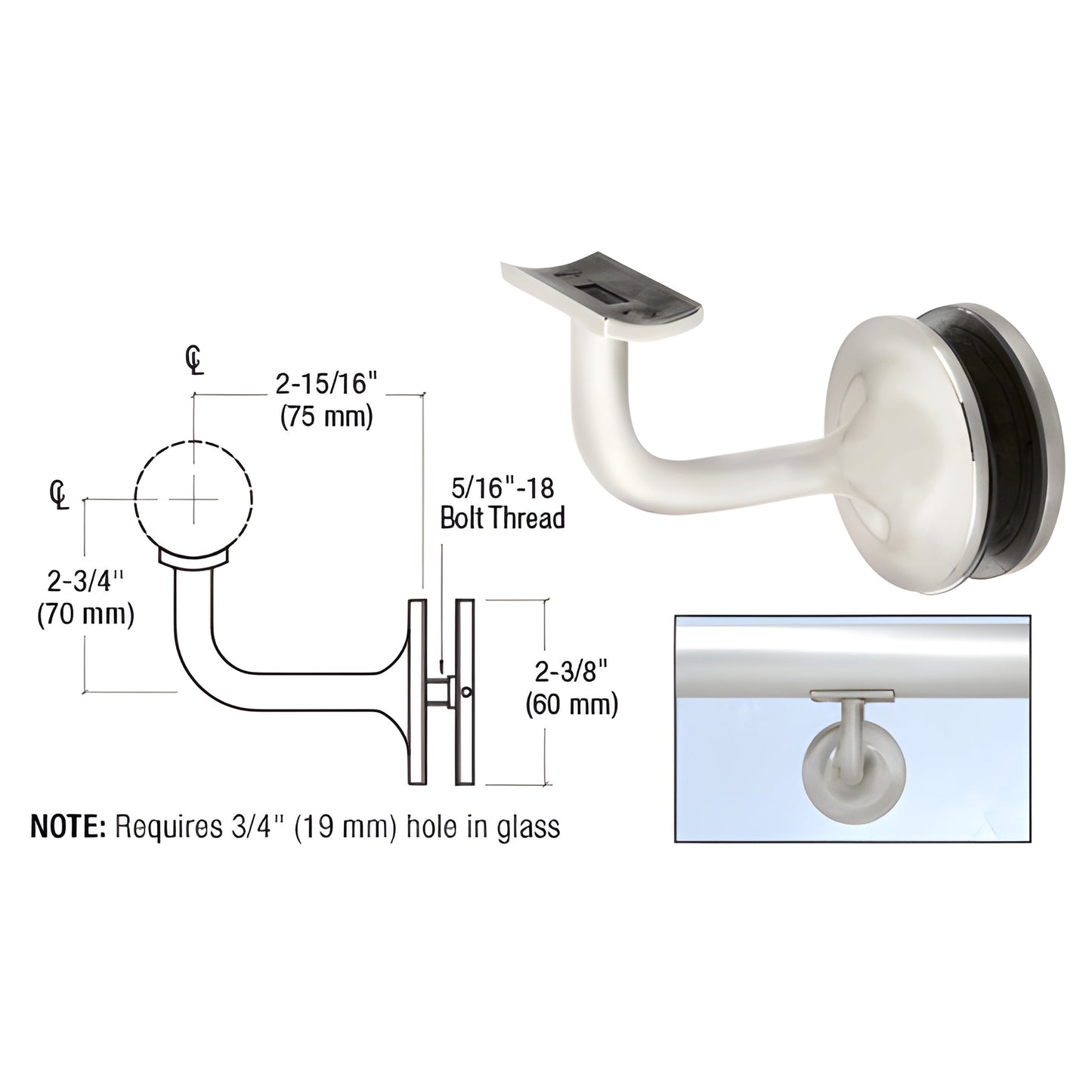 Glass-mounted stainless handrail bracket (HR20GBS), brushed finish, fits 1.9-2" rail, requires 3/4" (19 mm) glass hole.