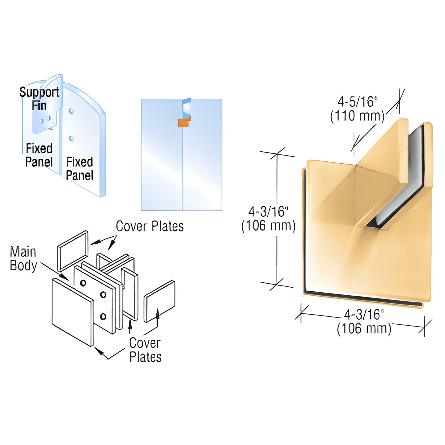 Polished brass PH81BR patch connector with support fin, exploded parts and dimensions, for 3/8" or 1/2" glass.