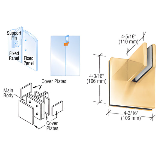 Polished brass PH81BR patch connector with support fin, exploded parts and dimensions, for 3/8" or 1/2" glass.