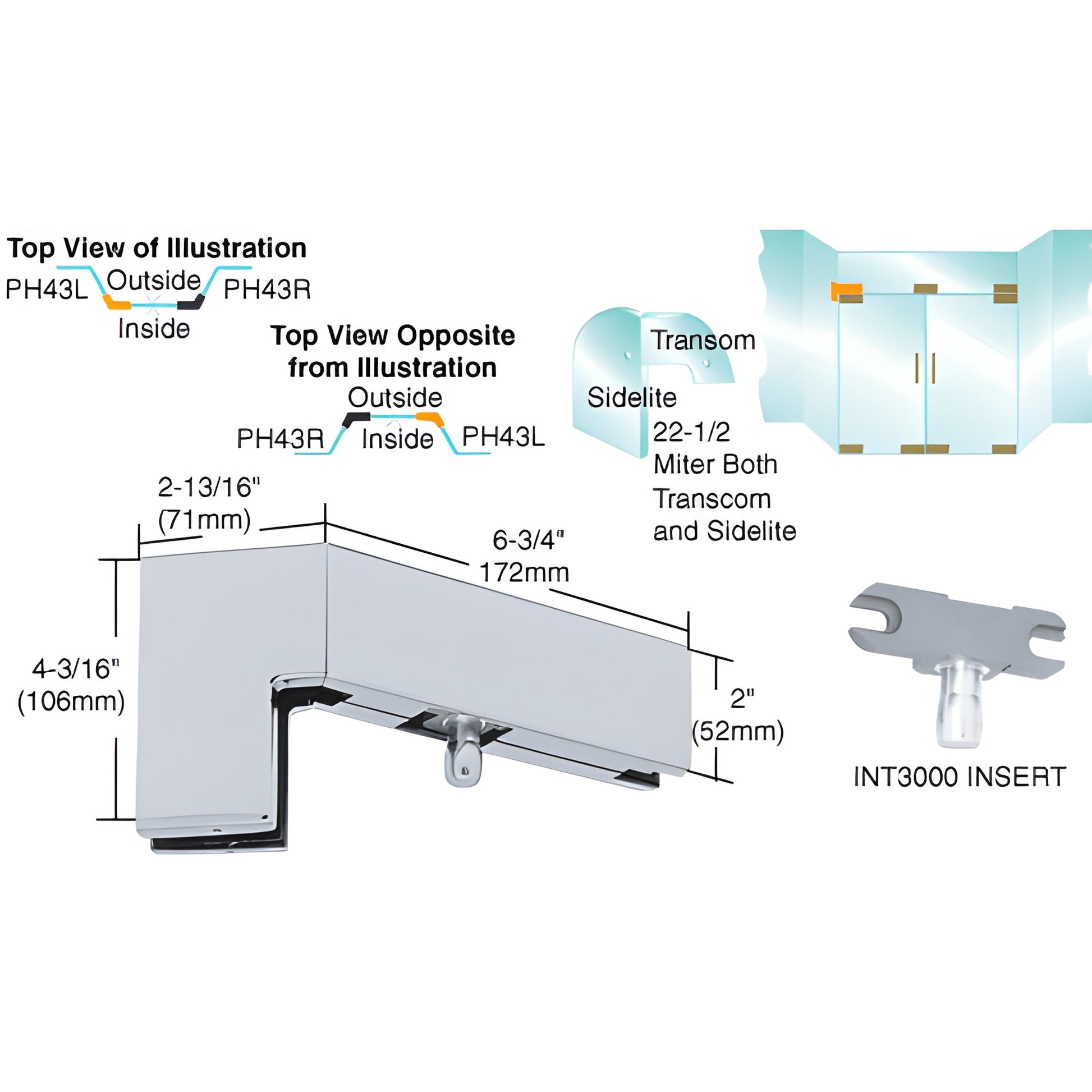 PH43LA 135 left-hand satin anodized sidelite-mounted transom patch with INT300 insert for 3/8" glass.