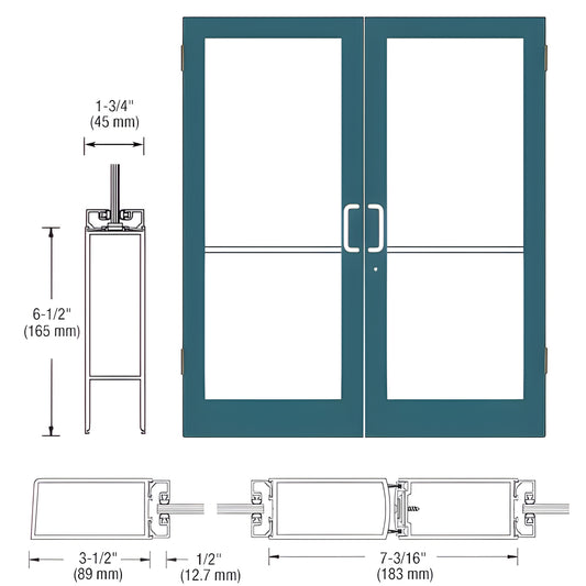 SR42571 Custom medium stile double entrance door, teal Kynar finish, 3-1/2" stiles, glass panels, dealership-grade.