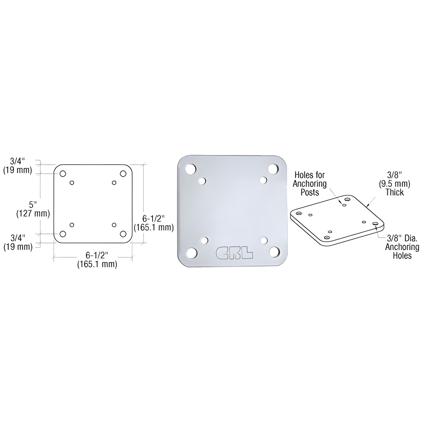 CRL BP6CA clear anodized aluminum 6.5in square base plate for 4x4 posts, countersunk mounting holes and gasket included
