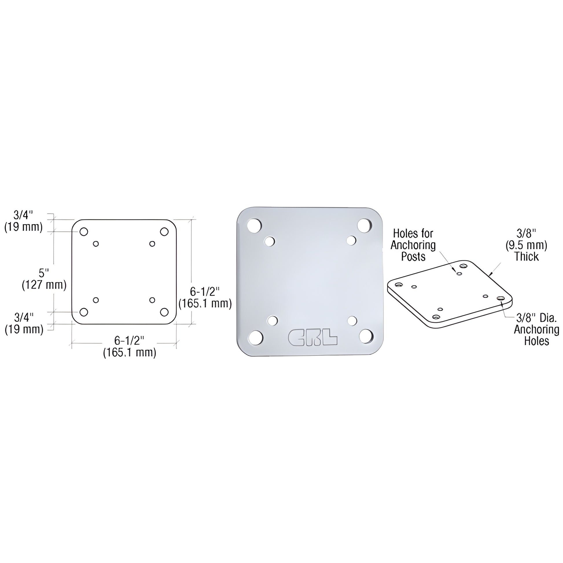 CRL BP6CA clear anodized aluminum 6.5in square base plate for 4x4 posts, countersunk mounting holes and gasket included