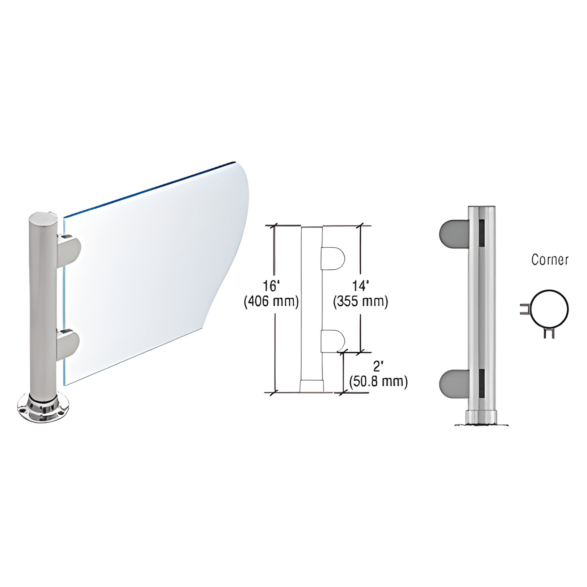 Stainless steel 16 in corner partition post PP06LBS with round adhesive base, flat cap and two Z-clamps for 1/4 in glass
