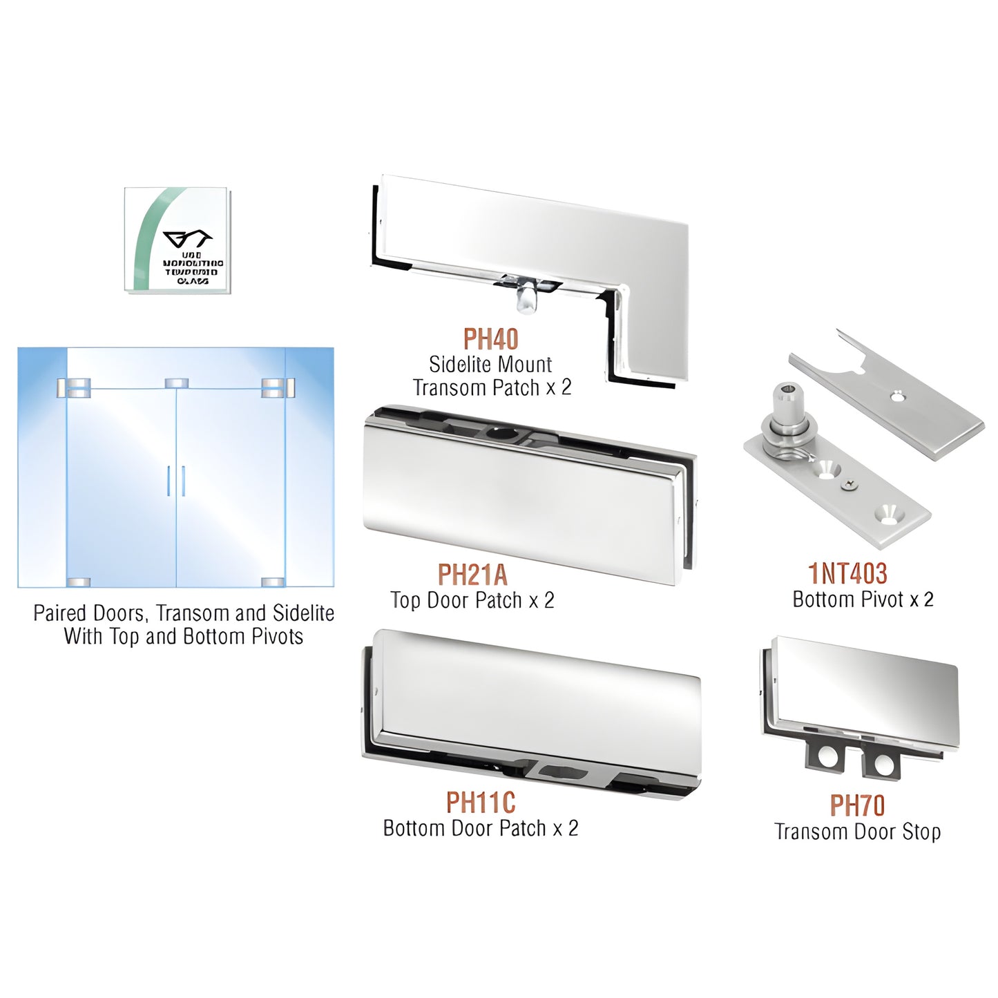 PHE8PS polished stainless steel European double glass door hardware kit for 3/8" or 1/2" tempered glass