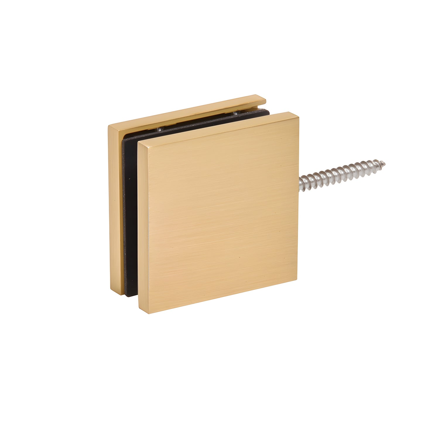 CCS4SB satin brass square clamp for 3/8-1/2 in. frameless shower glass, low-profile with concealed snap cover.