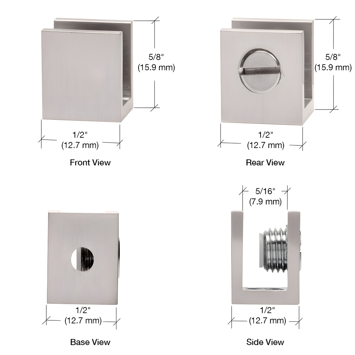 Brushed nickel brass set-screw glass clamp (no-drill) for 5-6mm glass, 10-pack, SKU EH23