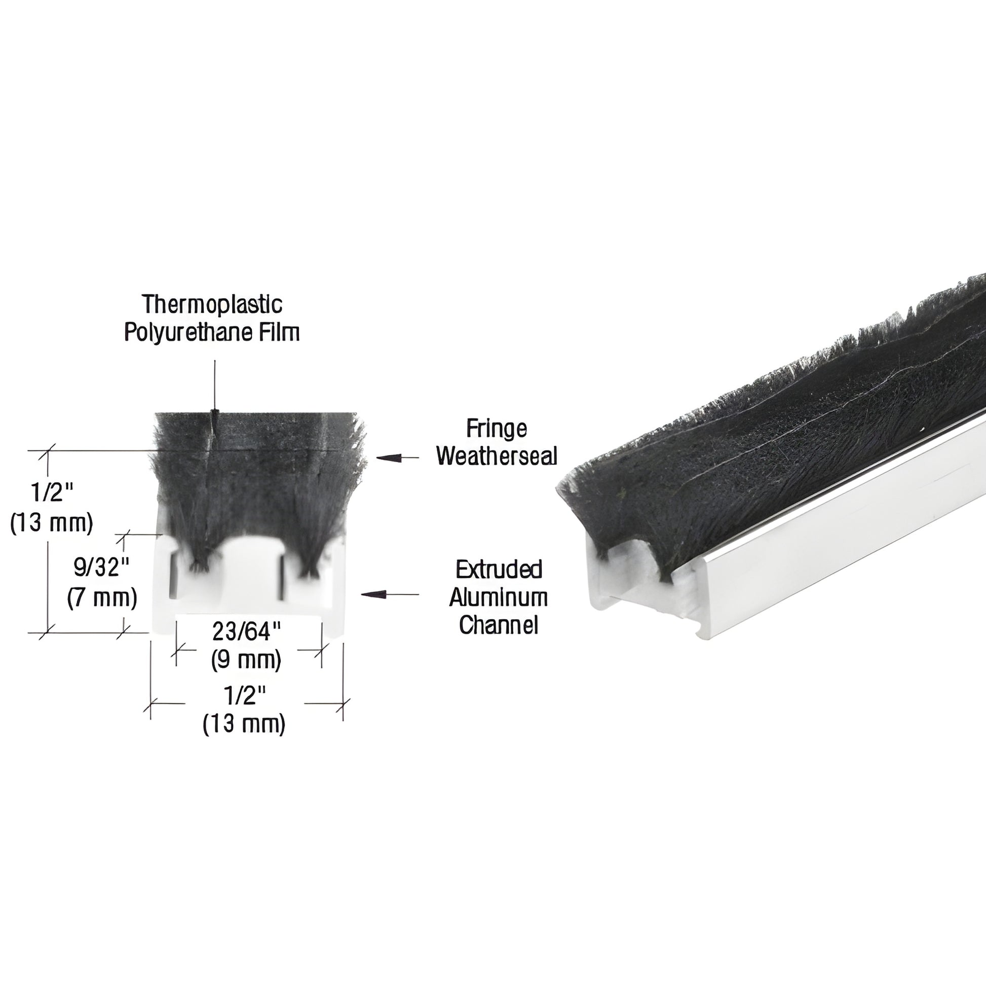 Mill-finish extruded aluminum door astragal (SKU R011G83L) with fringe weatherseal, 1/2" channel, retrofit for Kawneer.