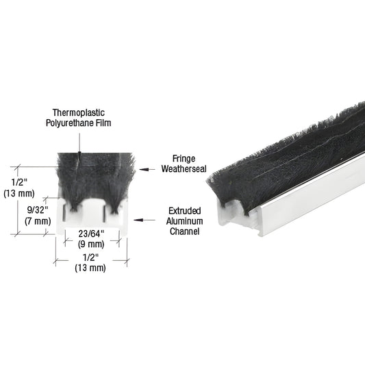 Mill-finish extruded aluminum door astragal with fringe weatherseal, 96 in, fits 1/2 in channel. SKU R011G96L