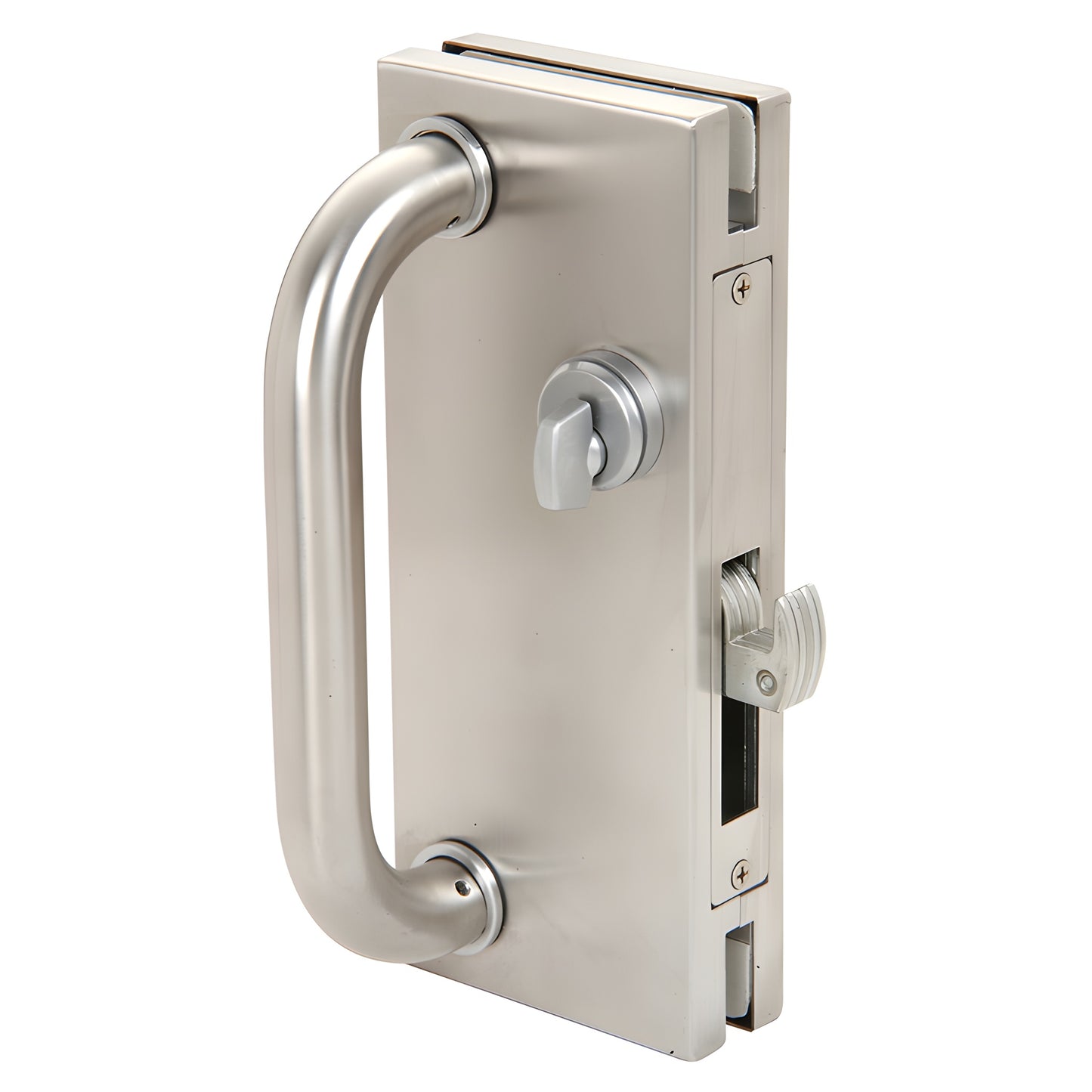 DH410BS brushed stainless steel 4x10 center lock with D-handle and thumbturn for 1/2" tempered glass door