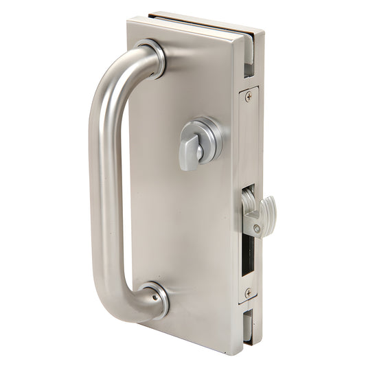 DH410BS brushed stainless steel 4x10 center lock with D-handle and thumbturn for 1/2" tempered glass door