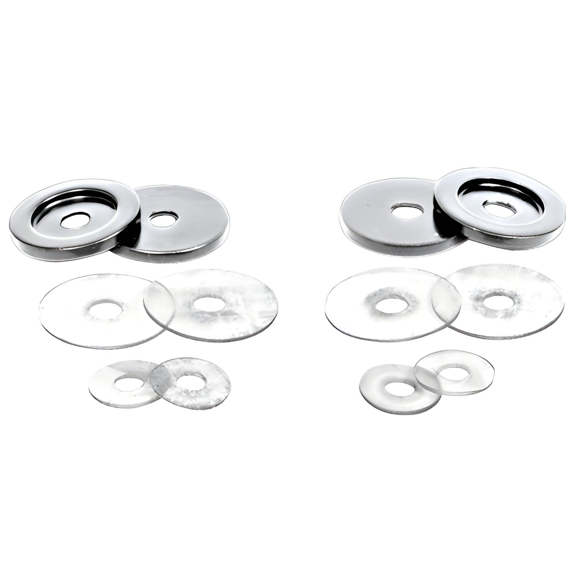 Brushed nickel brass end caps with clear plastic washers for 3/4" (19mm) pull handles, SKU 30WKBN
