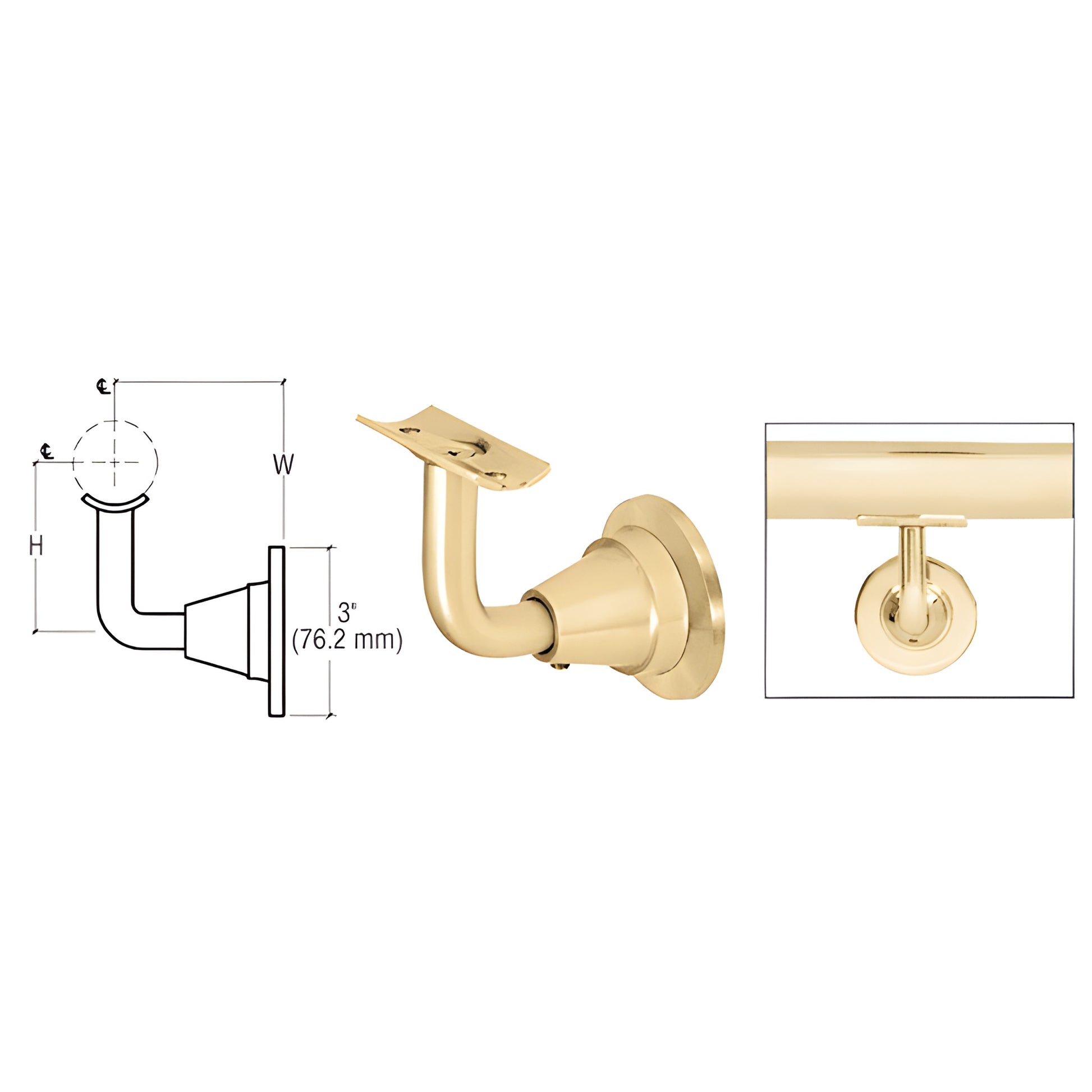 Polished brass 3-way adjustable wall-mounted handrail bracket (SKU: HR2DWPB) fits 11 2-2 tubing, ready-to-install.
