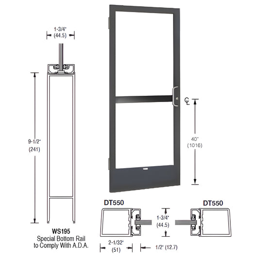 36x84 Black Bronze anodized narrow-stile commercial glass door with 9.5" bottom rail, prepped SKU CZ21522R036