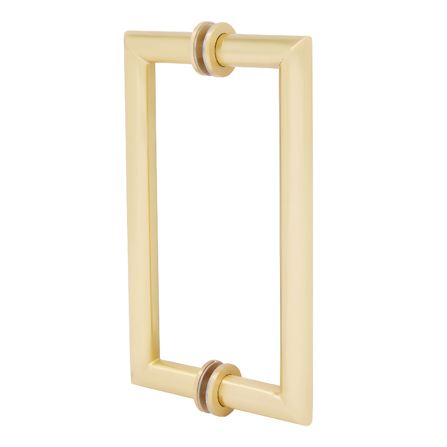 Satin brass squared mitered-corner back-to-back glass pull handle, 8in center, brass tubing (SKU MT8X8SB)