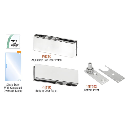 PHE2A frameless glass door patch kit, adjustable top PH21C, bottom PH11C and 1NT403 pivot, satin anodized finish.