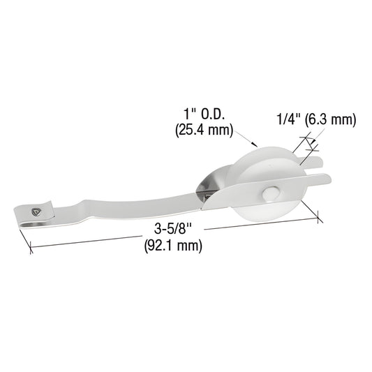 CRL B649 spring tension roller - heat-treated steel arm with center-grooved 1" concave nylon wheel, 3-5/8" long