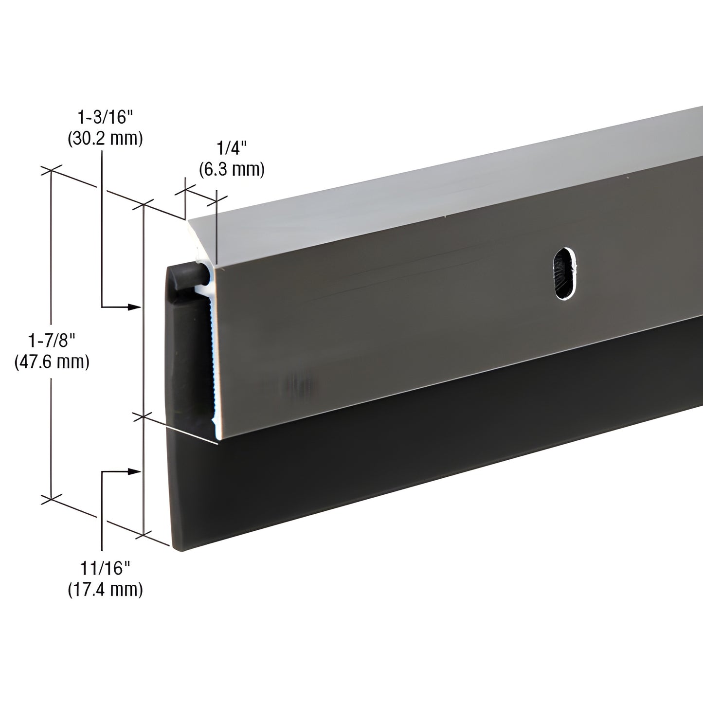 DB062DV48 dark bronze 48" aluminum door sweep with 11/16" black EPDM rubber seal, screw hole shown