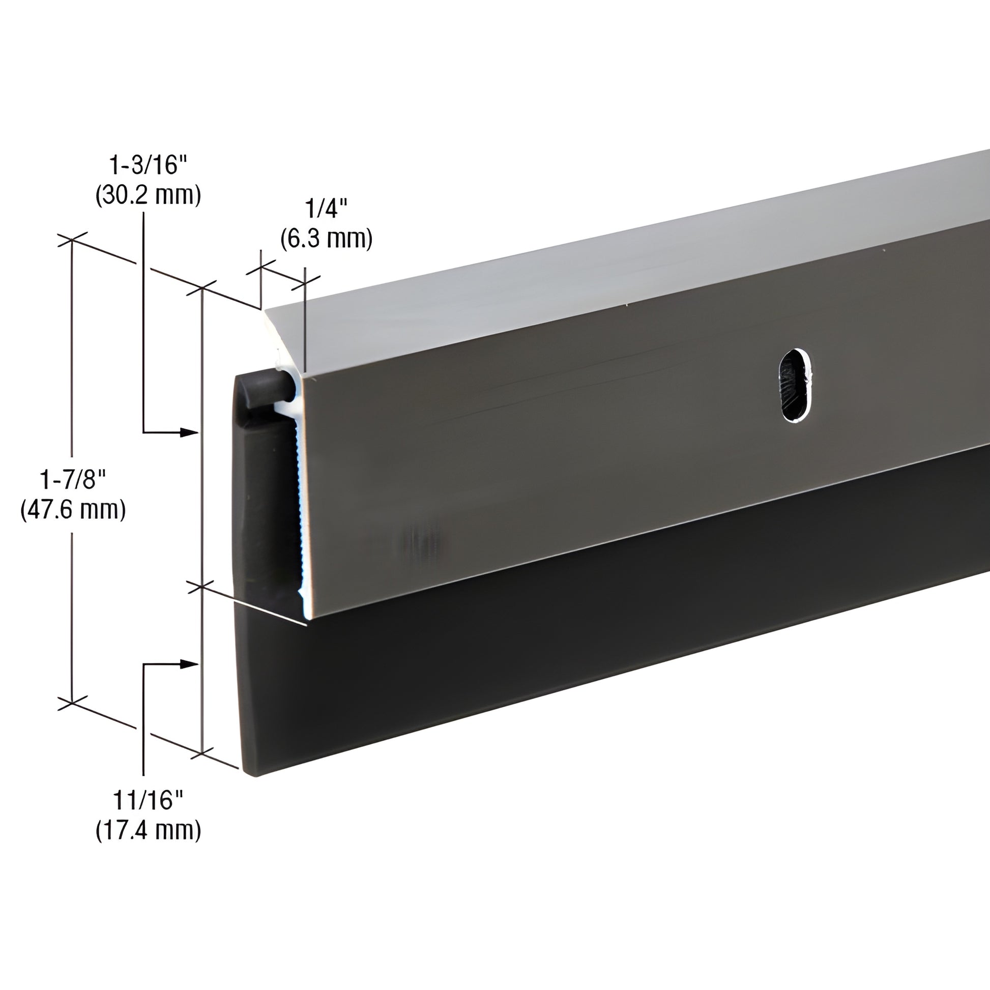 DB062DV48 dark bronze 48" aluminum door sweep with 11/16" black EPDM rubber seal, screw hole shown