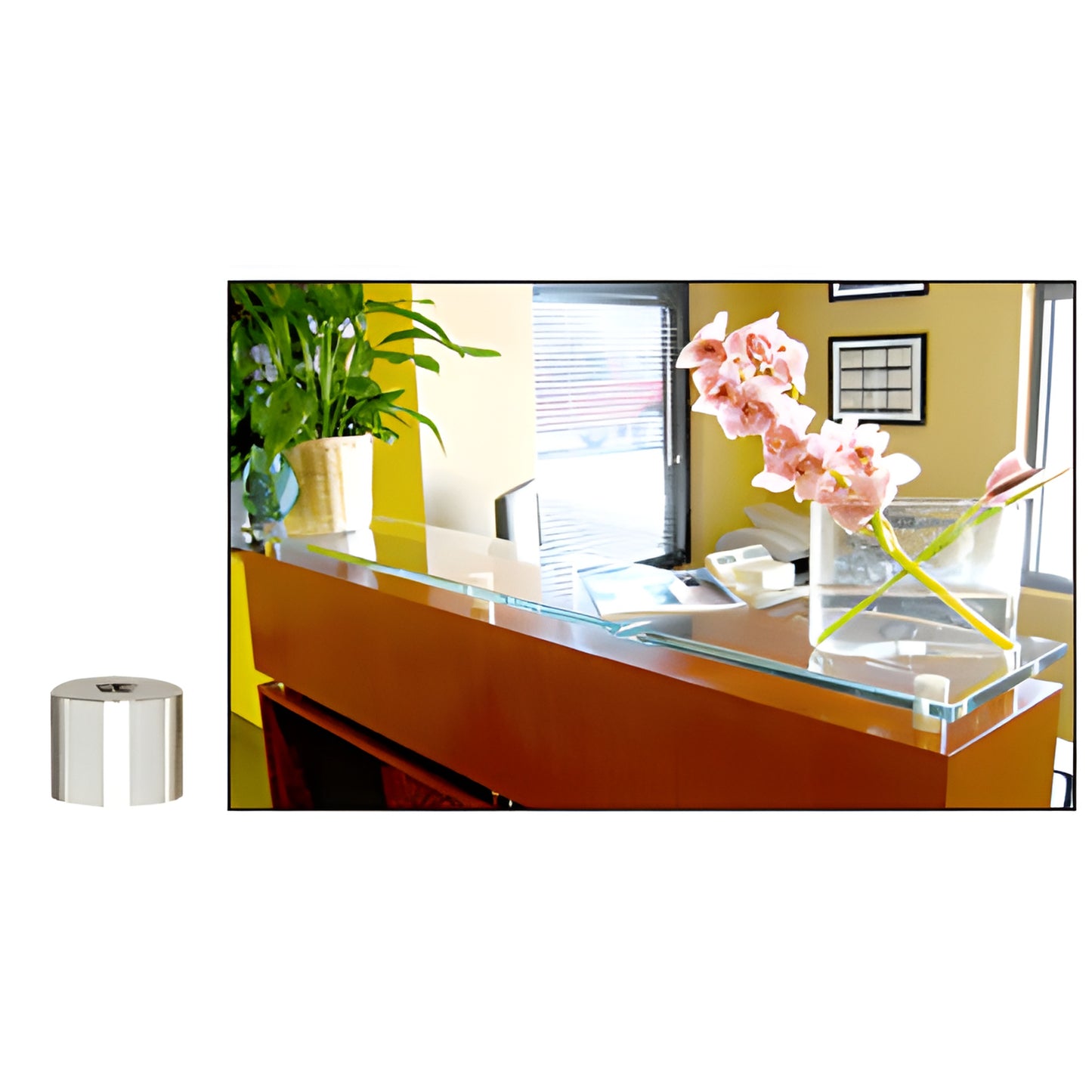 Polished chrome 3/4" brass standoff for glass panels (SKU S0B3434CH), shown mounting a floating glass counter.
