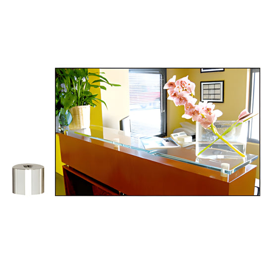 Polished stainless 3/4" standoff (SKU S0B3434PS) with glass shelf mounted on a reception counter.