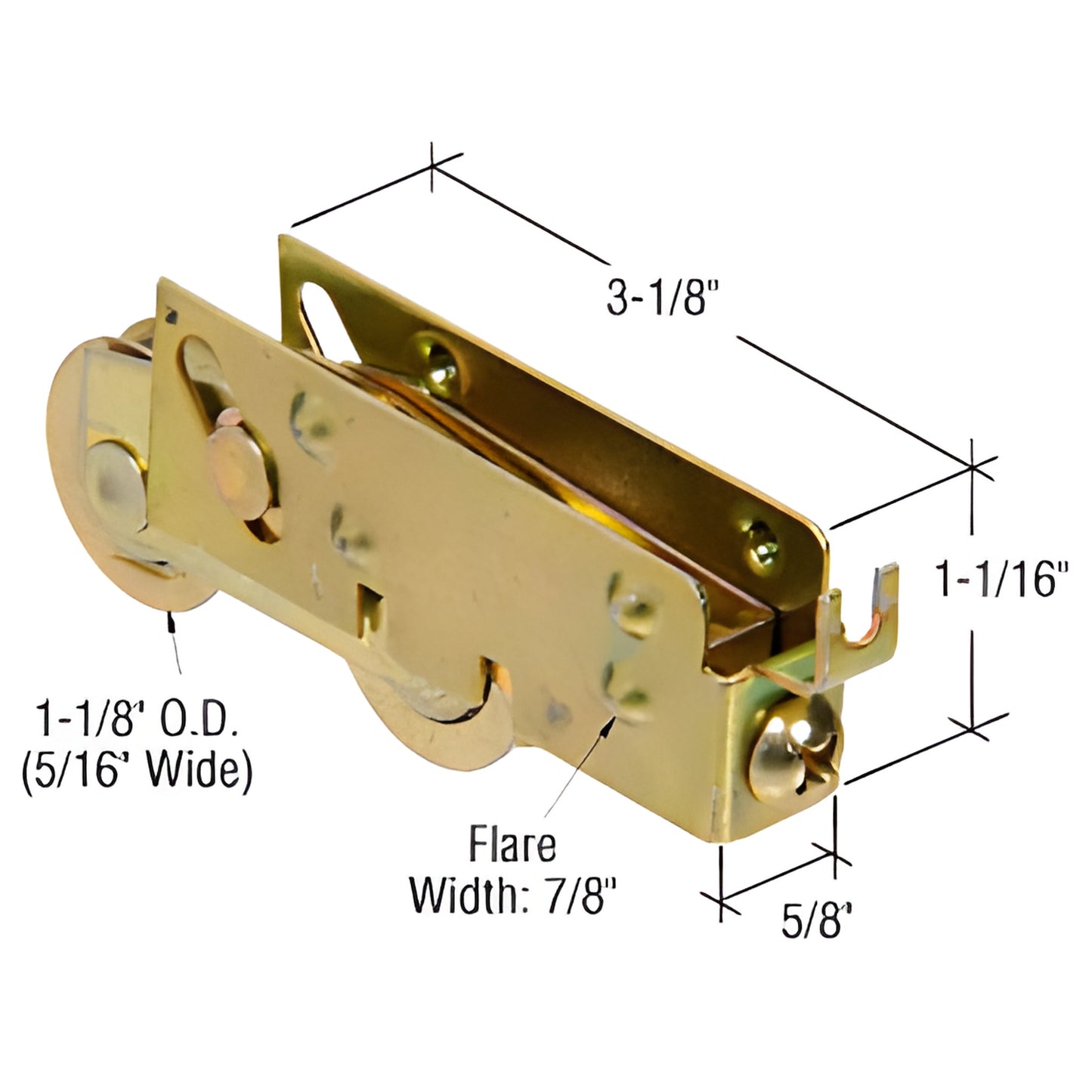 CRL SKU D1981 adjustable tandem steel patio door roller assembly, zinc-gold finish, 3-1/8" 1-1/16" 5/8", 1-1/8" wheels.