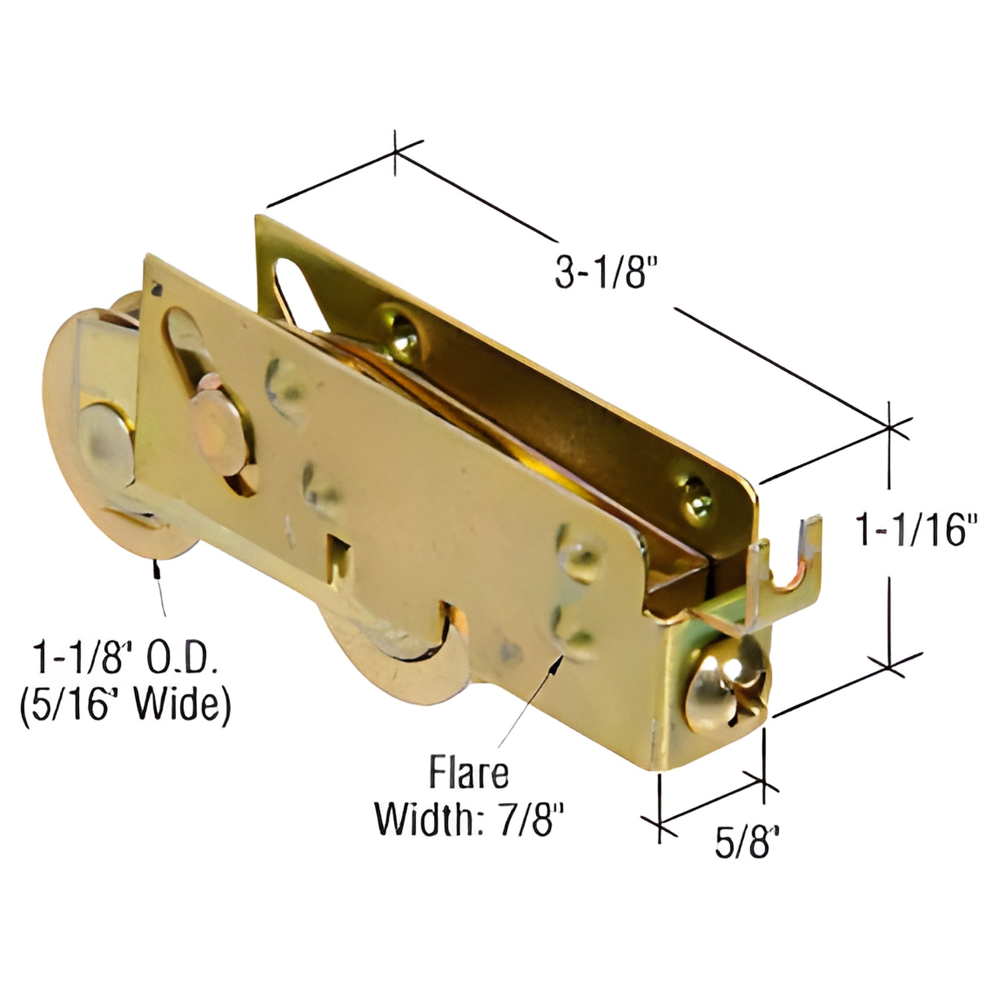 CRL SKU D1981 adjustable tandem steel patio door roller assembly, zinc-gold finish, 3-1/8" 1-1/16" 5/8", 1-1/8" wheels.