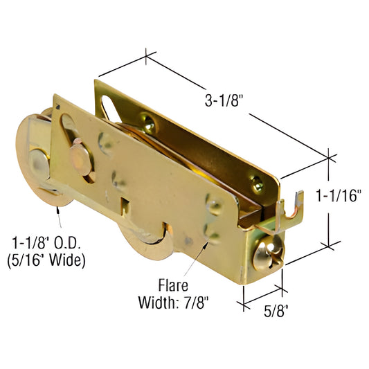 CRL SKU D1981 adjustable tandem steel patio door roller assembly, zinc-gold finish, 3-1/8" 1-1/16" 5/8", 1-1/8" wheels.