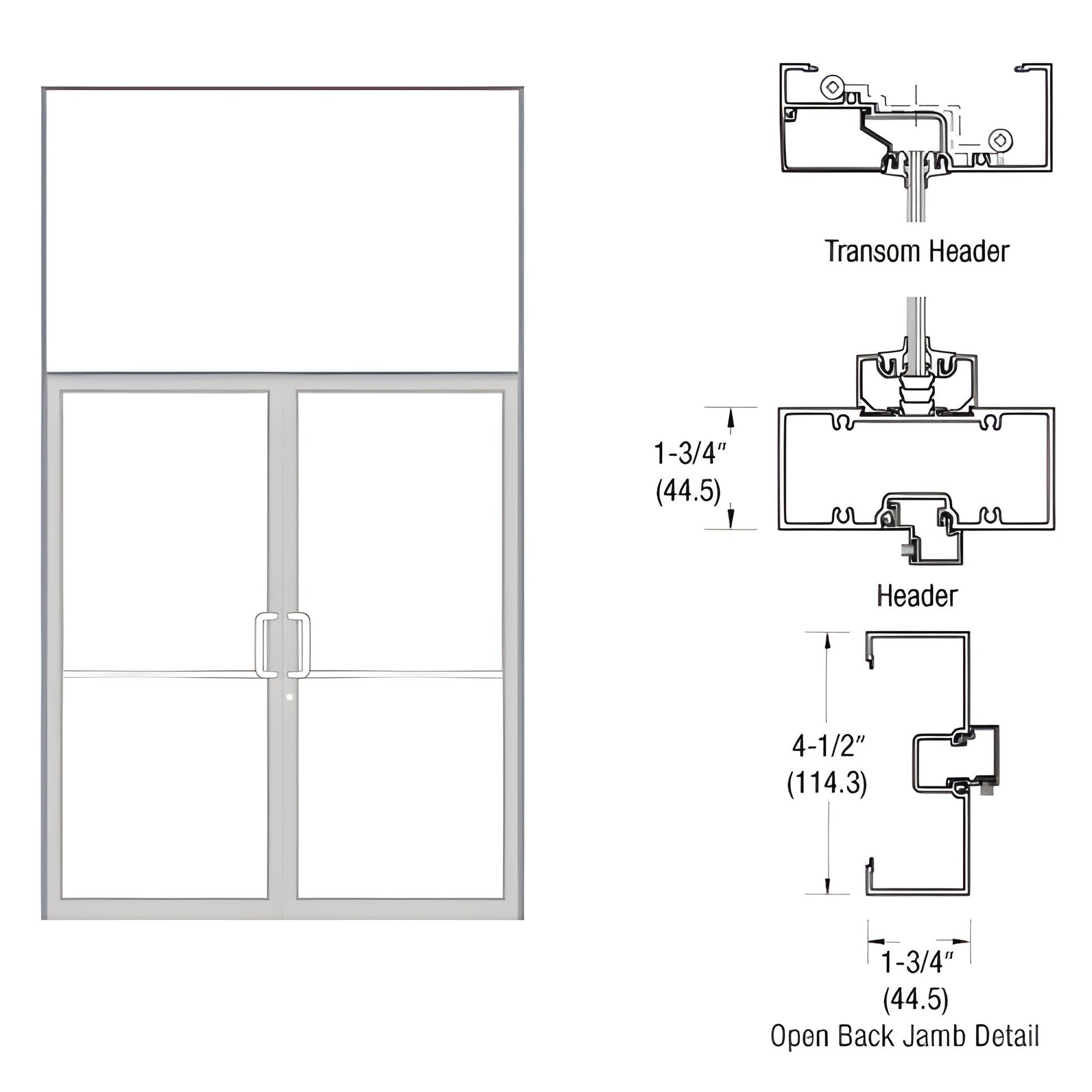 Clear anodized aluminum gear-hinge transom frame with open back jambs and double doors, built for 72x84 door (SKU 0B62811)