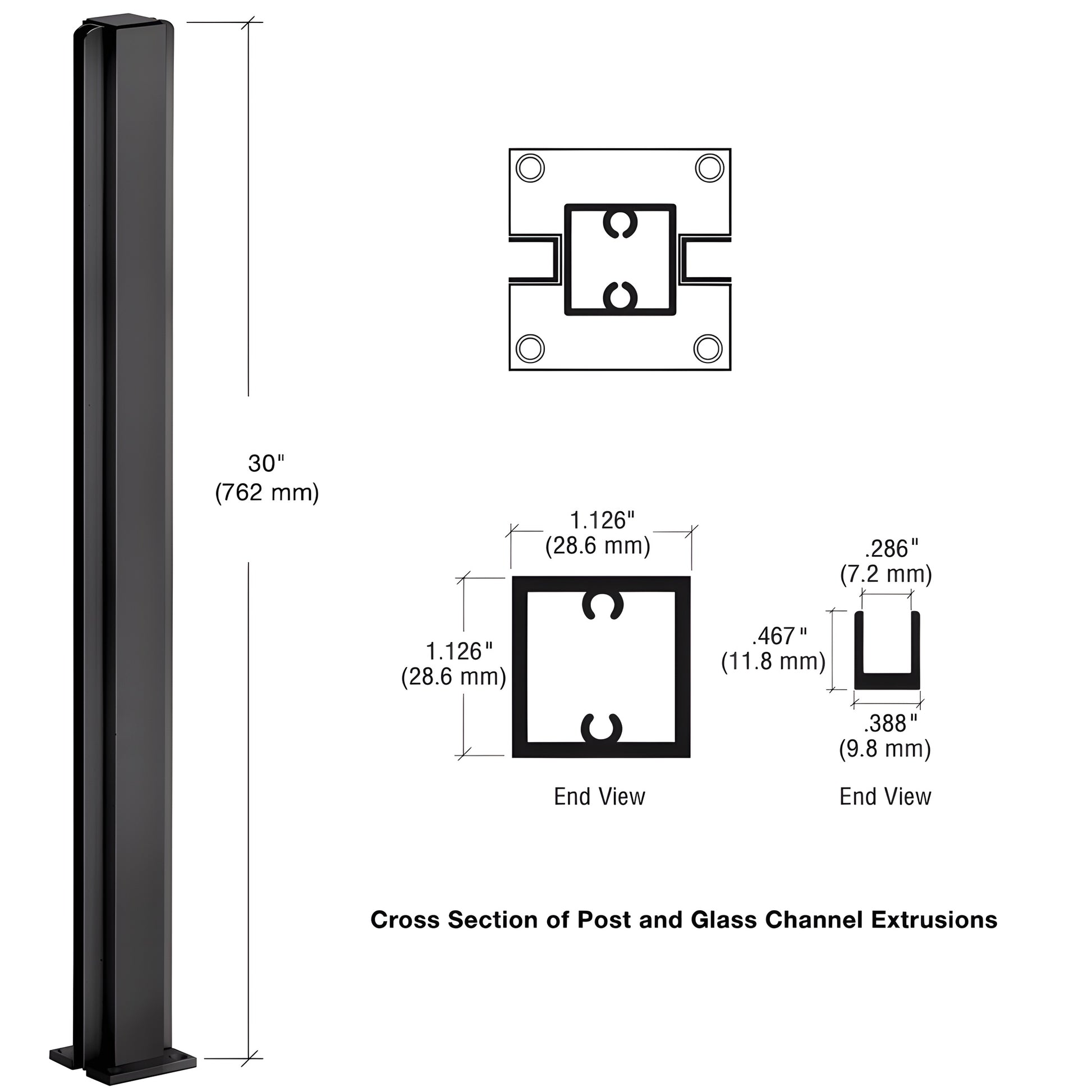CRL Design Series 30in dark bronze anodized aluminum square partition post, center U-channel for 1/4" glass (SKU D990DU30C)