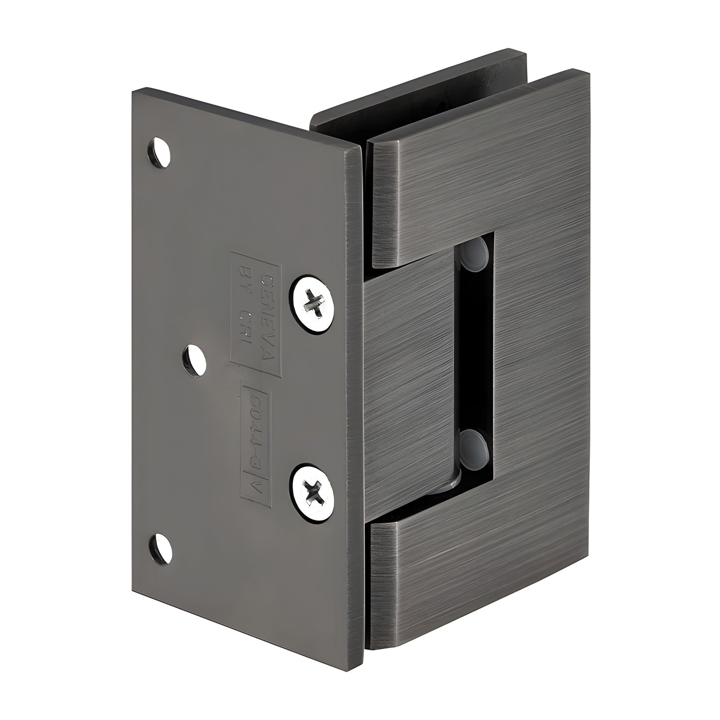 GEN344ABN Geneva adjustable shower door hinge in antique brushed nickel, solid brass, square-profile wall-mount.