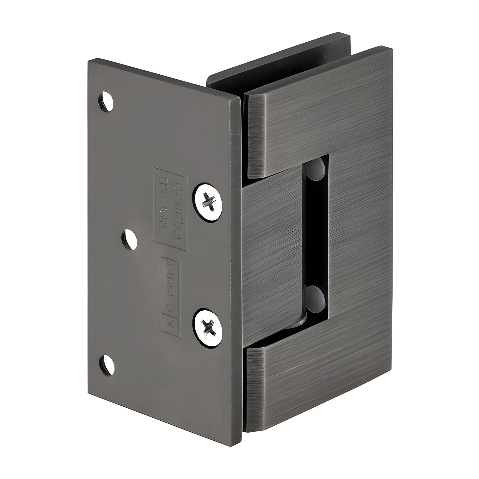 GEN344ABN Geneva adjustable shower door hinge in antique brushed nickel, solid brass, square-profile wall-mount.