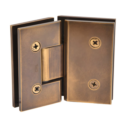 Vintage brass square-profile glass-to-glass shower hinge (Vienna), 135 , fits 3/8-1/2" glass - SKU V1E045VBR