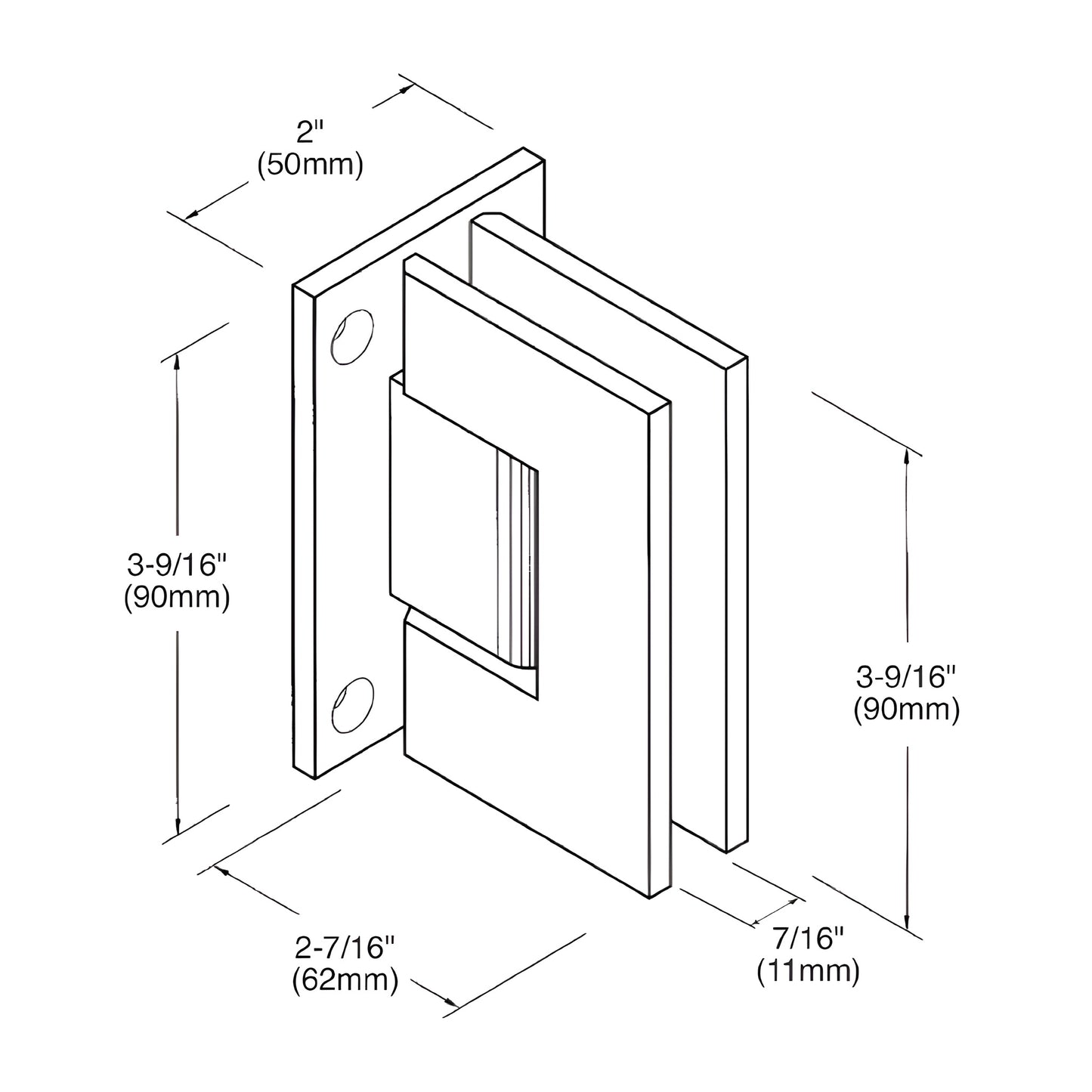 MEL037CH polished chrome solid brass wall-mount shower hinge with rectangular large plate, self-centering.