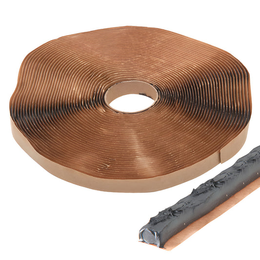 Tremco POLYshim II butyl shim tape roll (SKU 7242YA3) - black adhesive tape on brown paper liner.