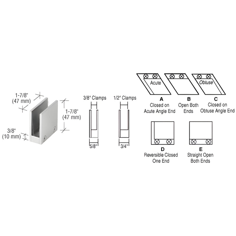 RH1138BN brushed-nickel reversible straight open-center glass clamp for 3/8" (10mm) tempered glass, 1-7/8" wide.