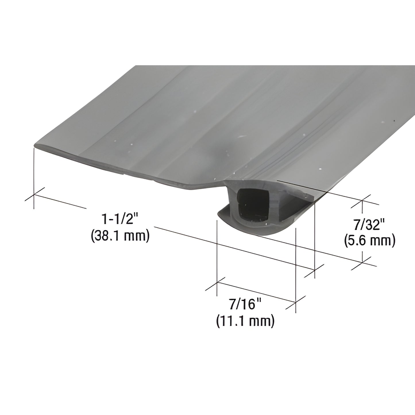 Black flexible vinyl adjustable bug strip for sliding glass doors, 1-1/2" flap, 7/16" base, SKU B621