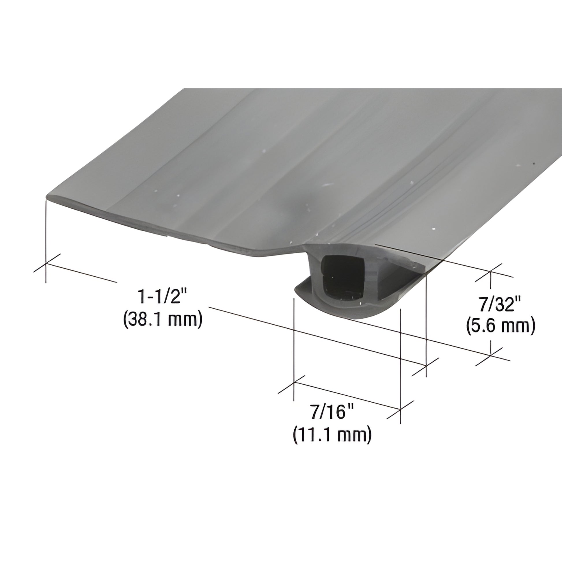 Black flexible vinyl adjustable bug strip for sliding glass doors, 1-1/2" flap, 7/16" base, SKU B621