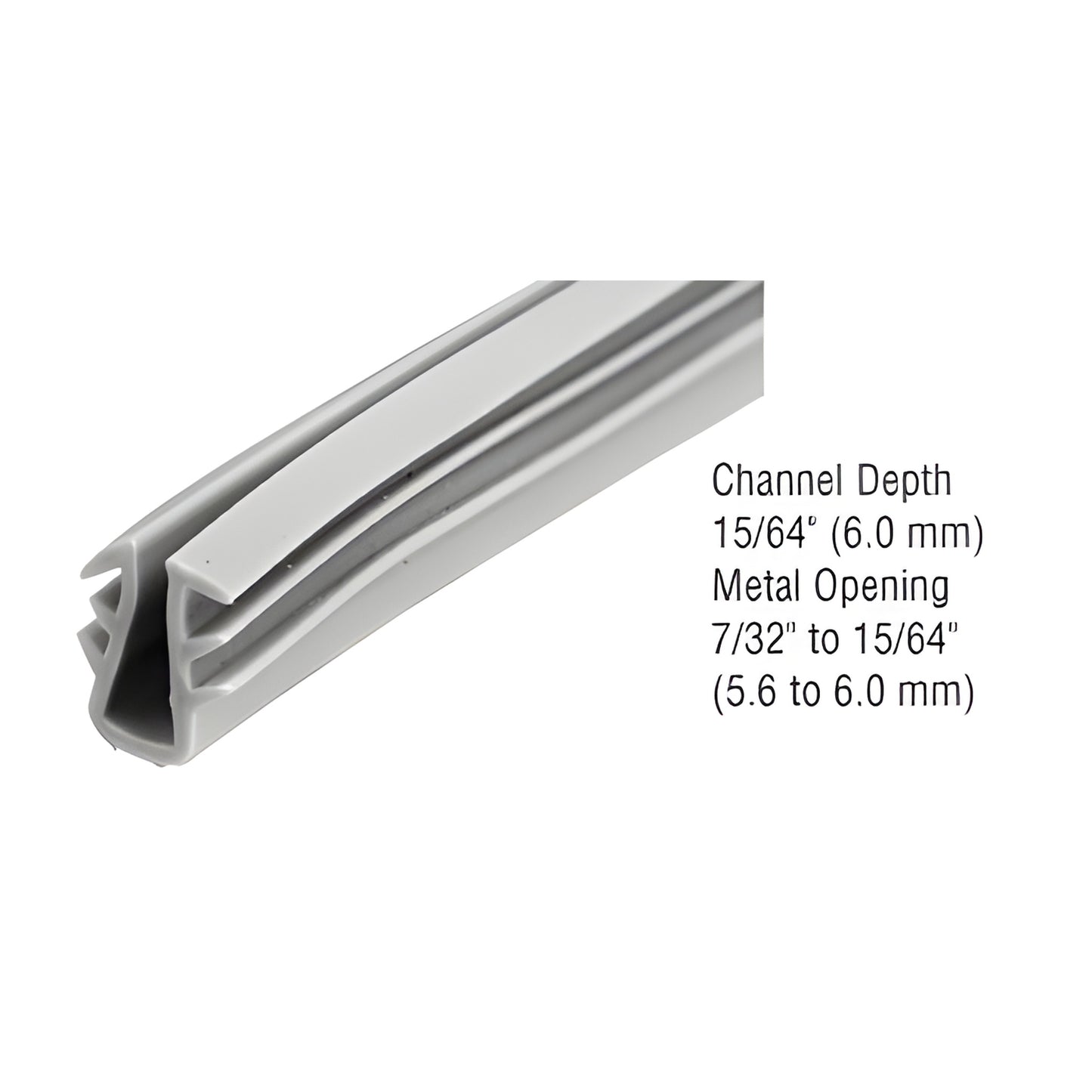GC724C gray extruded glazing vinyl seal for double-strength 1/8 in glass, 15/64 in channel depth, 100' roll