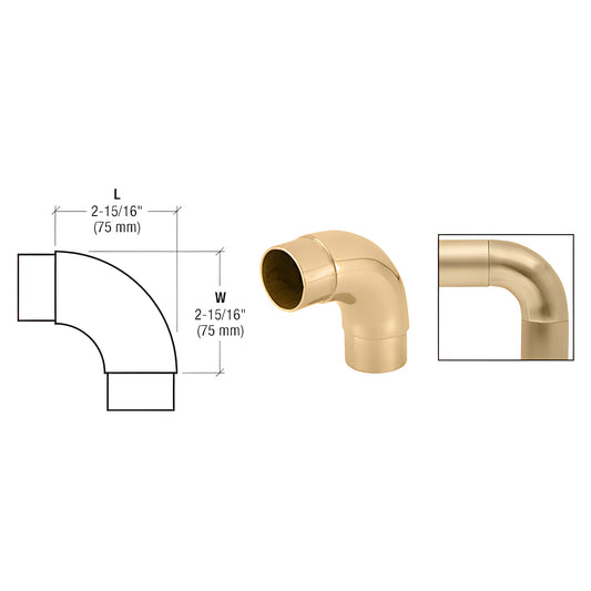 HR20CPB polished brass 90 EZ radius corner for HR20 handrail tubing, 75 mm reach, ready-to-install.