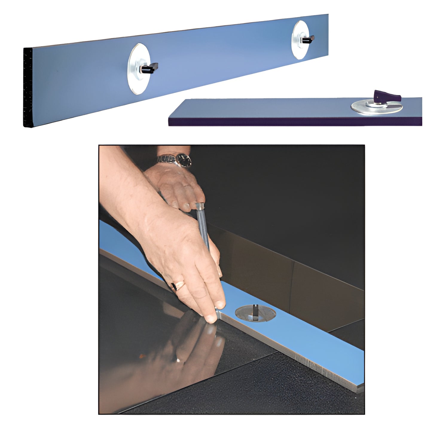 CRL VCR48 48" suction-cup phenolic straight edge, blue with two suction pads for gripping and cutting glass.
