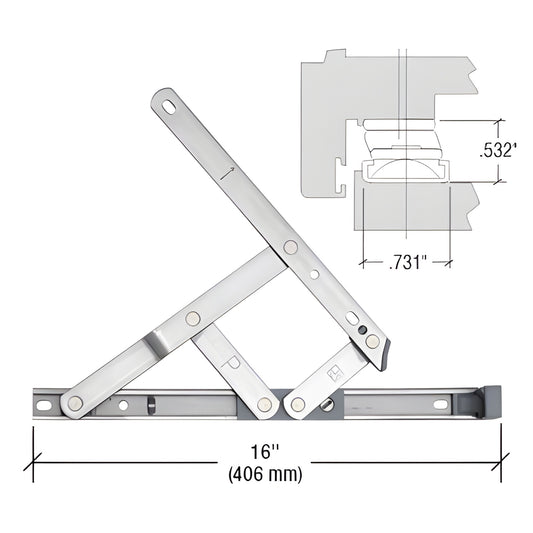DSH16 stainless steel 16" four-bar friction casement hinge, handed pair (L & R), 26 lb capacity